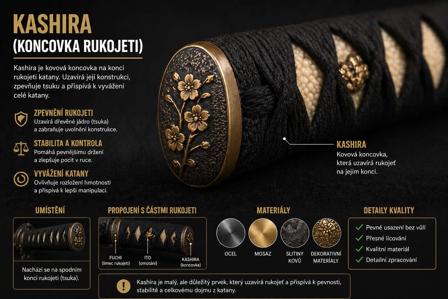 Kashira (koncovka rukojeti) detail, který uzavírá konstrukci katany